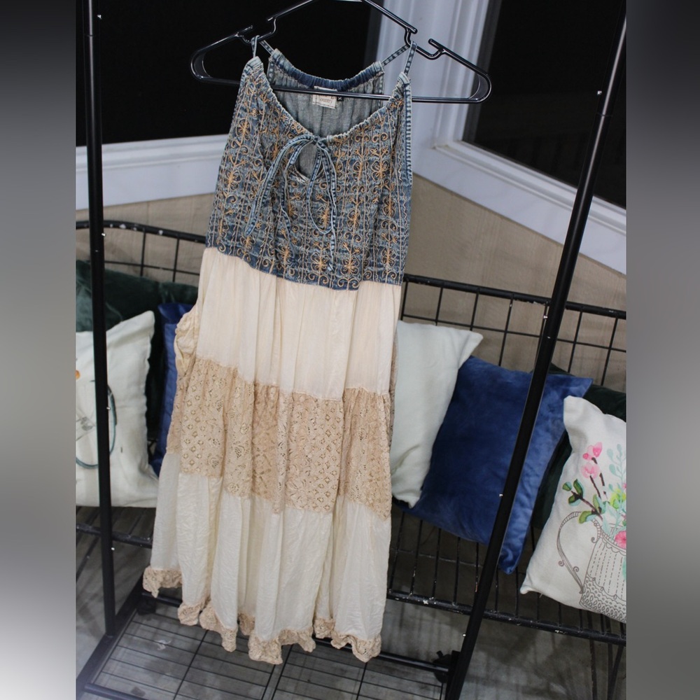 Boho Tiered Midi Dress with Blue Embroidered Bodice